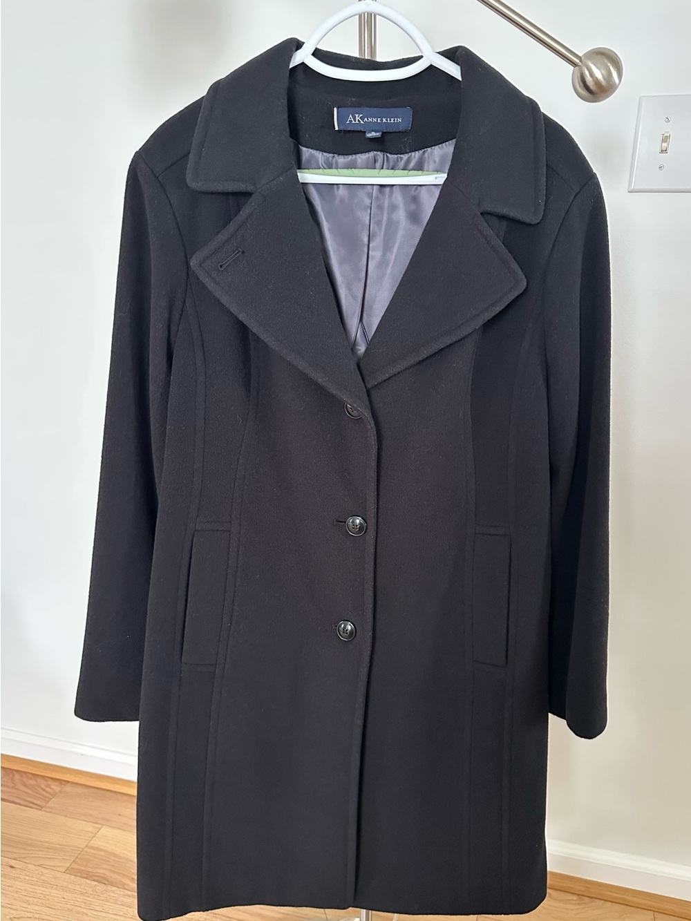 Anne Klein Black Wool-Blend Single-Breasted Peacoat
